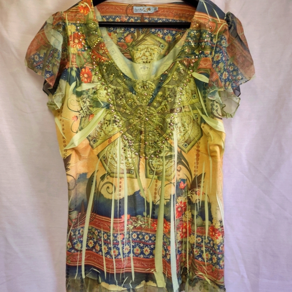 Unity World Wear Blouse Tan and Green Chiffon Ruffle Gem embellished Scoop neck